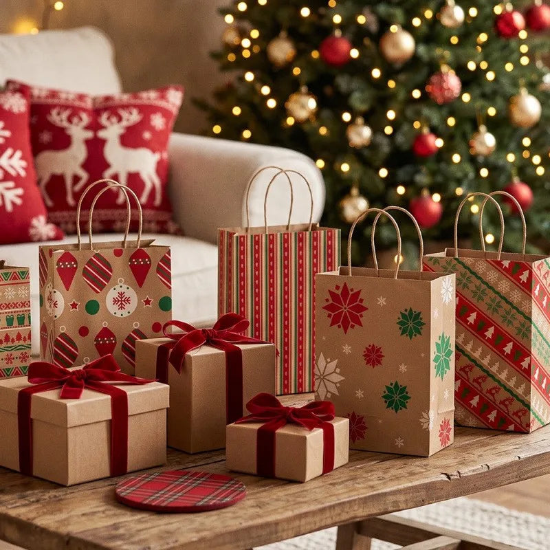 12Pcs Christmas Kraft Paper Gift Bags, 6 Designs Xmas Holiday Treat Bags,for Gift Wrapping, Candy & Cookie Packaging
