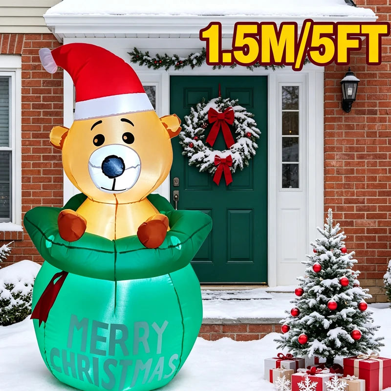 Cute Christmas Airblown Bear Statue, Inflatable Bear Gift Sack Ornament for Living Room, Xmas Party Indoor Display