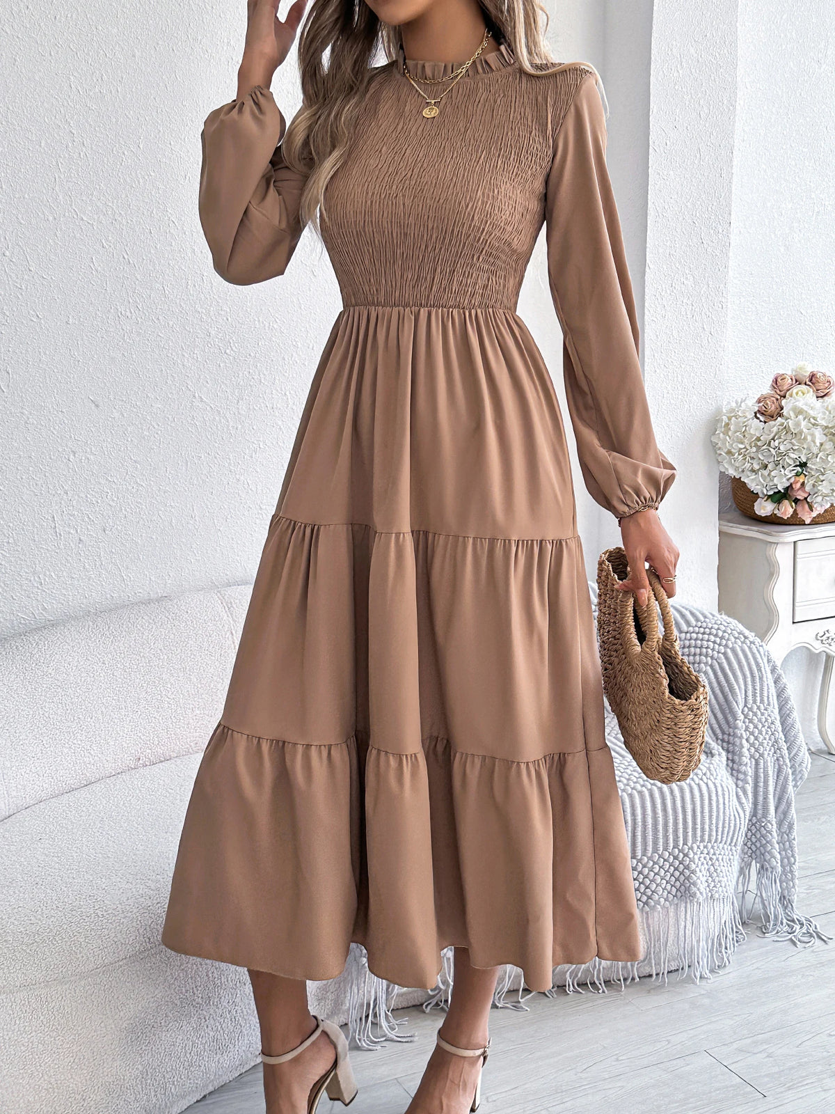 Autumn Winter Elegant Dress for Women Solid Color Round Neck Lantern Long Sleeve Ruffled Dresses Khaki Green Red Woman Clothing