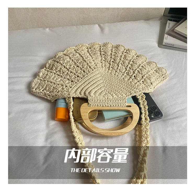 2026 New Retro Fan-shaped Crochet Woven Underarm Bag for Women Ins Style Seaside Vacation Versatile Wooden Handle Shoulder Bag