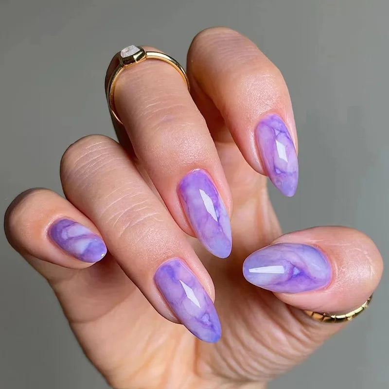 24Pcs Wearable Almond Fake Nail with Halo Stained Purple Design Short Oval False Nails Round Head Press on Nails Full Nail Tips