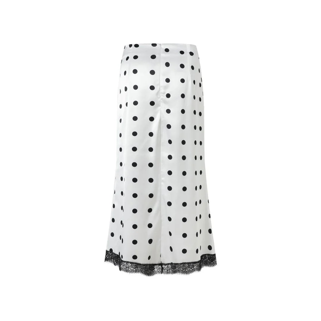 Elegant Polka Dot Skirt For Women Casual High Waist Satin Silk Patchwork Lace Midi Skirts 2026 Y2k Vintage Female Streetwear