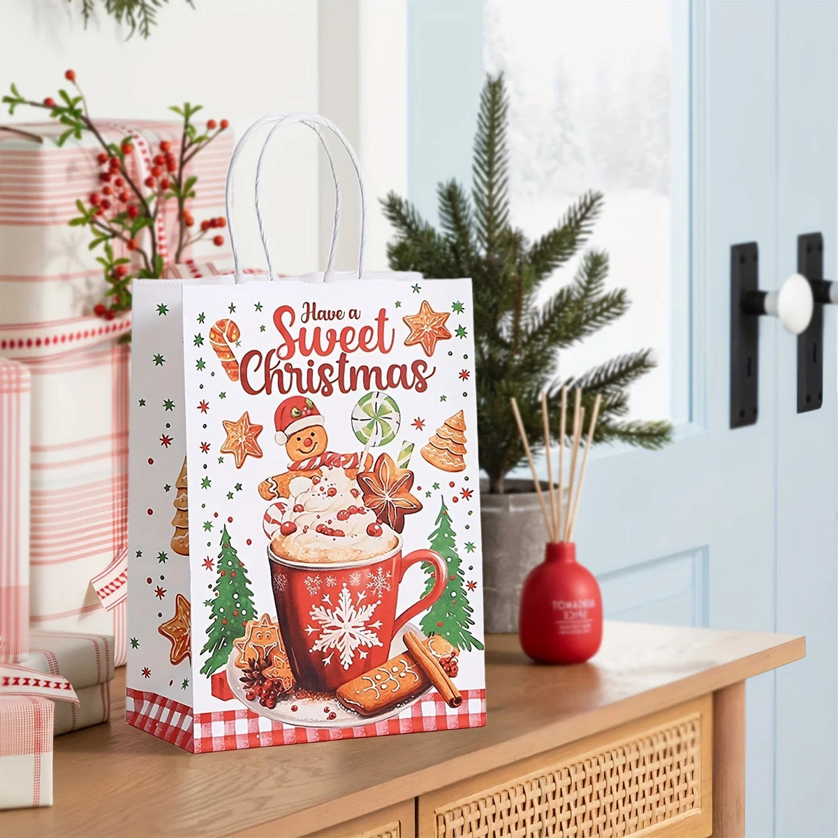 12/24/36pcs Loose Christmas Gift Bags with Handles, 6 Different Designs of Gingerbread Bags for Christmas Gift Packaging