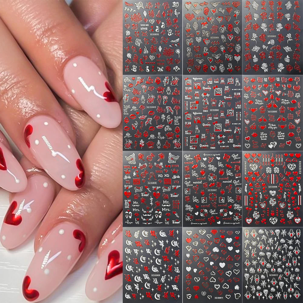 1Pc 3D Red Love Heart Nail Art Stickers Rose Flower Lip Self Adhesive Decals Valentine' Day Nail Sliders For Manicure Decoration