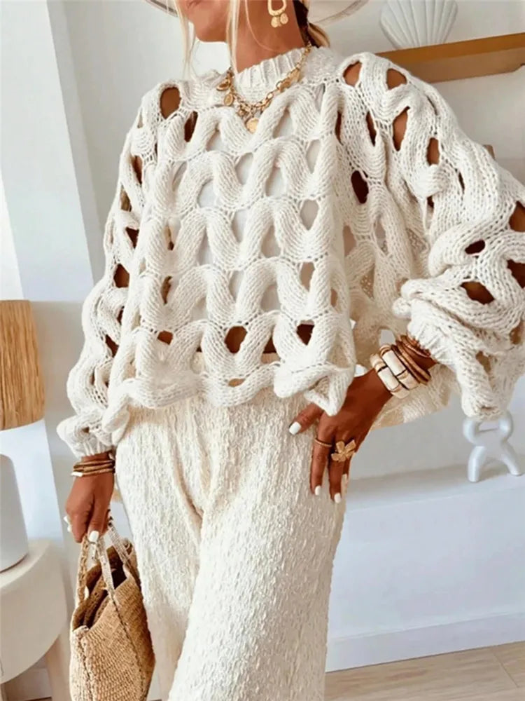 BKLD Ladies' Casual Solid Color Leisure Vacation Beach Hollow Out Crochet Long Sleeve Sweater Pullovers Knitted Tops Women