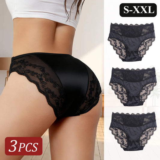 3PCS Black Lace Seamless Satin Underwear Elegant Women's Panties Hollow Out Lace Floral Design Sexy Briefs Breathable Lingerie