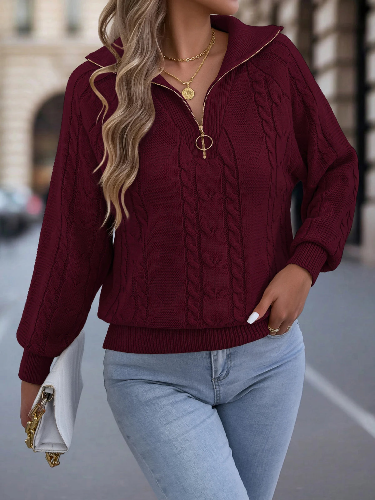 Women's Casual Turn Down Collar Half Zipper Sweaters 2026 Autumn Winter Lantern Long Sleeve Twist Knitted Tops Orange Khaki Red