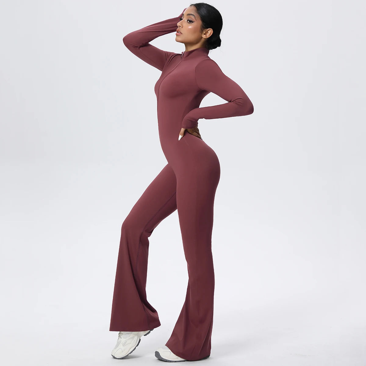 Woman's Fitness Yoga Bodysuit Solid Color Yoga Zipper Long Sleeves Trousers Gym High Strength Exercise Sports Bodysuit Leggings
