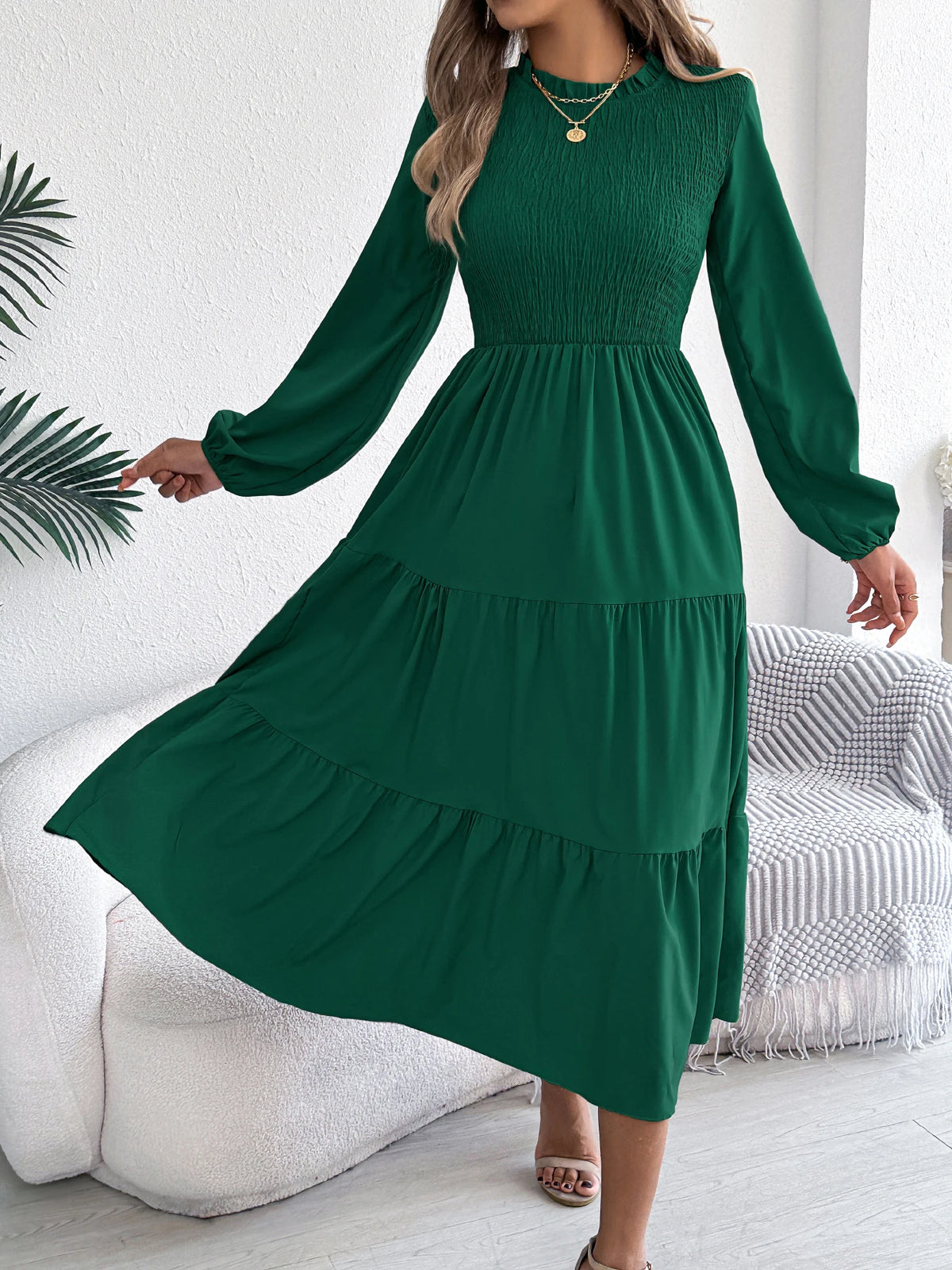 Autumn Winter Elegant Dress for Women Solid Color Round Neck Lantern Long Sleeve Ruffled Dresses Khaki Green Red Woman Clothing