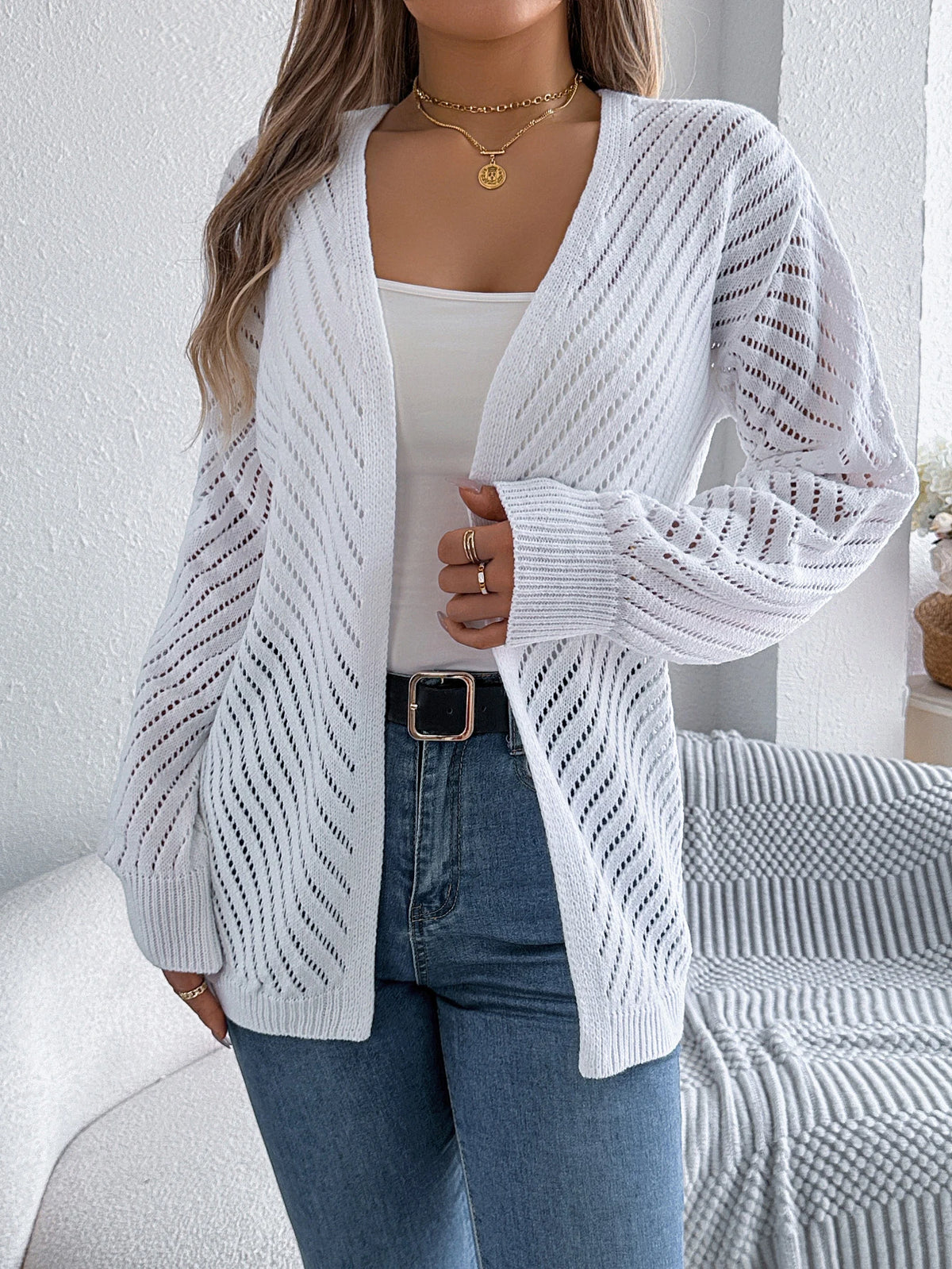 Women Solid Color Knitted Cardigan Sweaters 2026 Autumn Winter Casual Hollow Out Lantern Long Sleeve Coats Khaki White Black