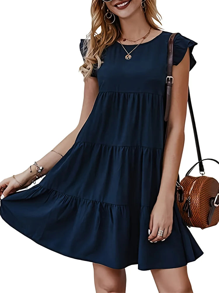 Women Elegant Ruffle Mini Dress Casual Solid O Neck Beach Party Sundress Simple Chic Loose Short Dress Vintage Harajuku Vestido