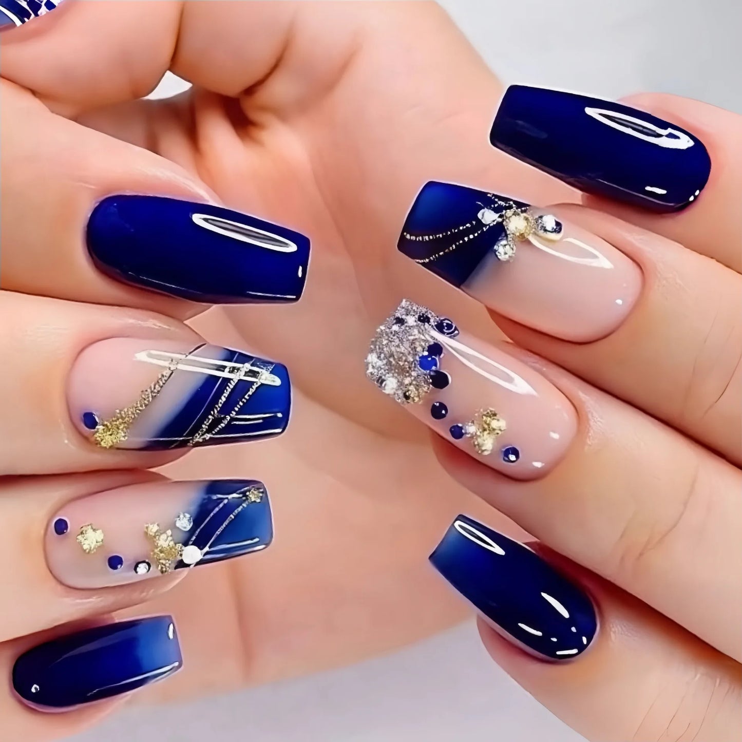 Medium long fake nails gradient purple blue colors with rhinestones design full cover reusable ABS press on Artificial nail