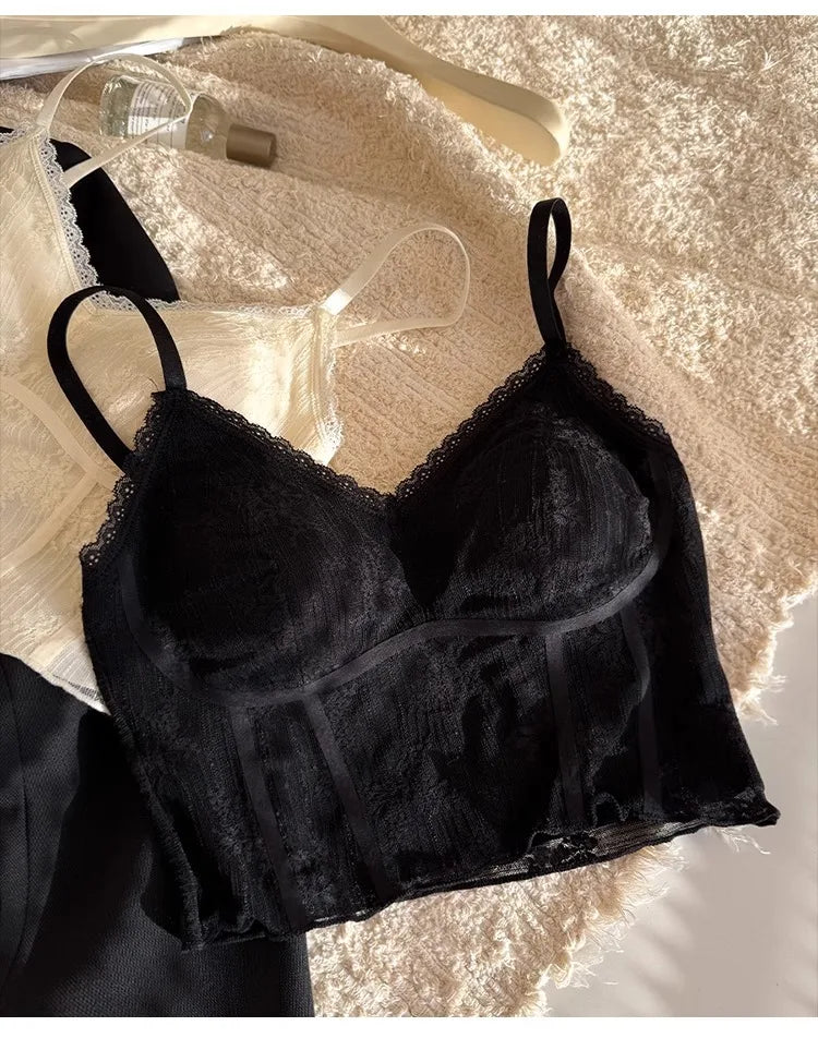 MOYISU French Lace Halter Bralette - Backless Wireless | Convertible & Removable Pads | White Comfort Bra for Daily/Evening Wear