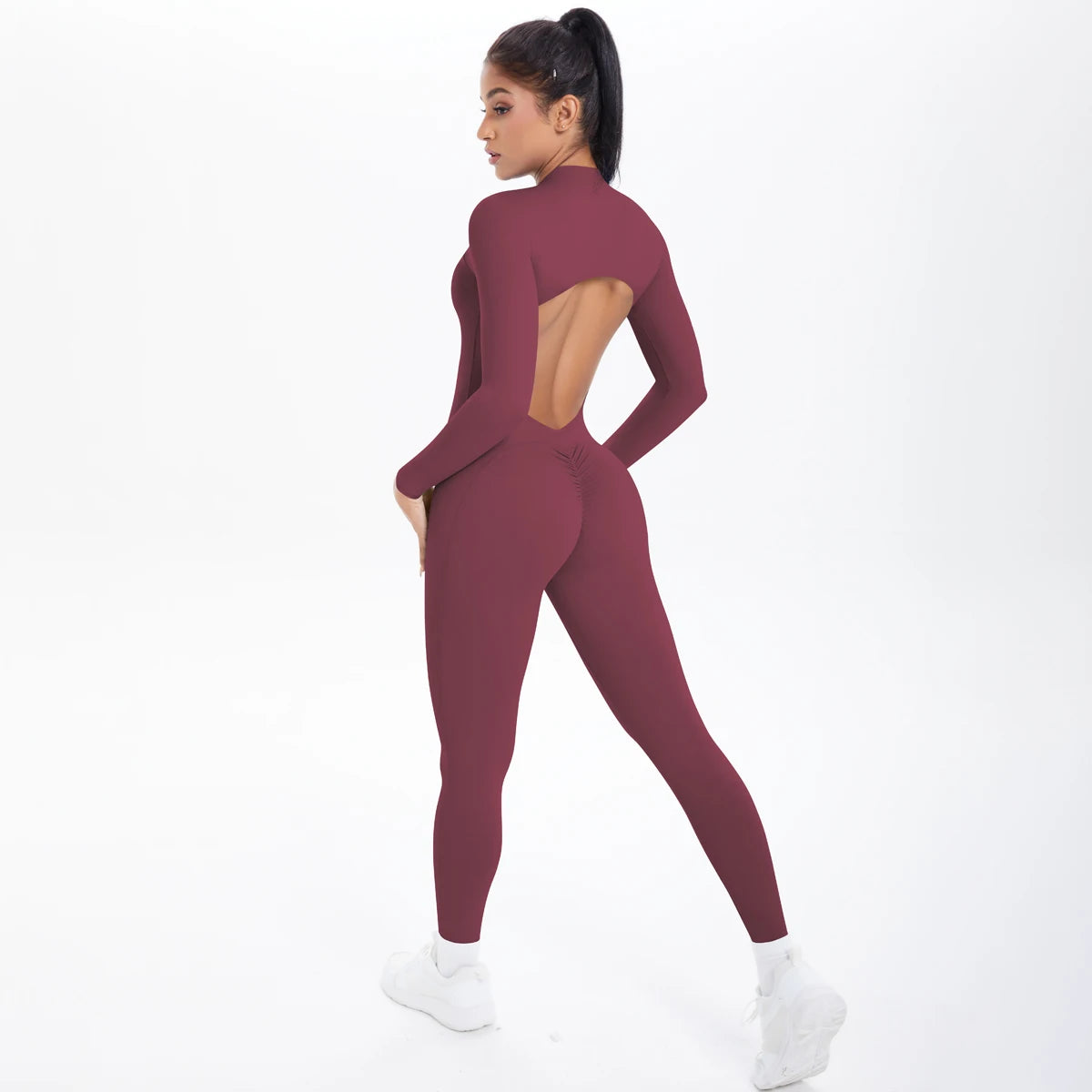 Solid Color Backless Yoga Bodysuits Women's Sportswear Stretch Bodysuit For Women Long Sleeves Jumpsuits Push Up Half Zipper Set