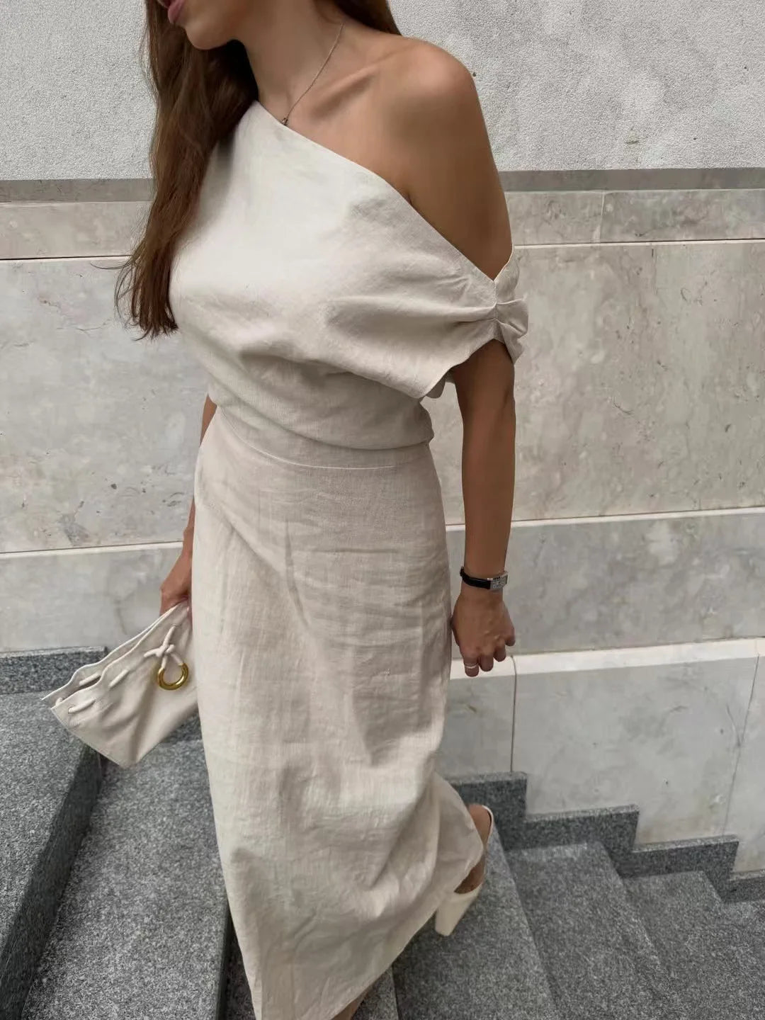 Elegant Solid One Shoulder Dresses Lady Skew Collar Waist-cinching Sleeveless Long Dress 2026 Women New Party Club Gowns