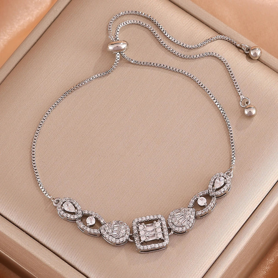 ZAKOL 1pc Shiny Geometric Cubic Zirconia Charm Bracelet for Women Gorgeous Crystal CZ Adjustable Chain Bracelets Wedding Jewelry