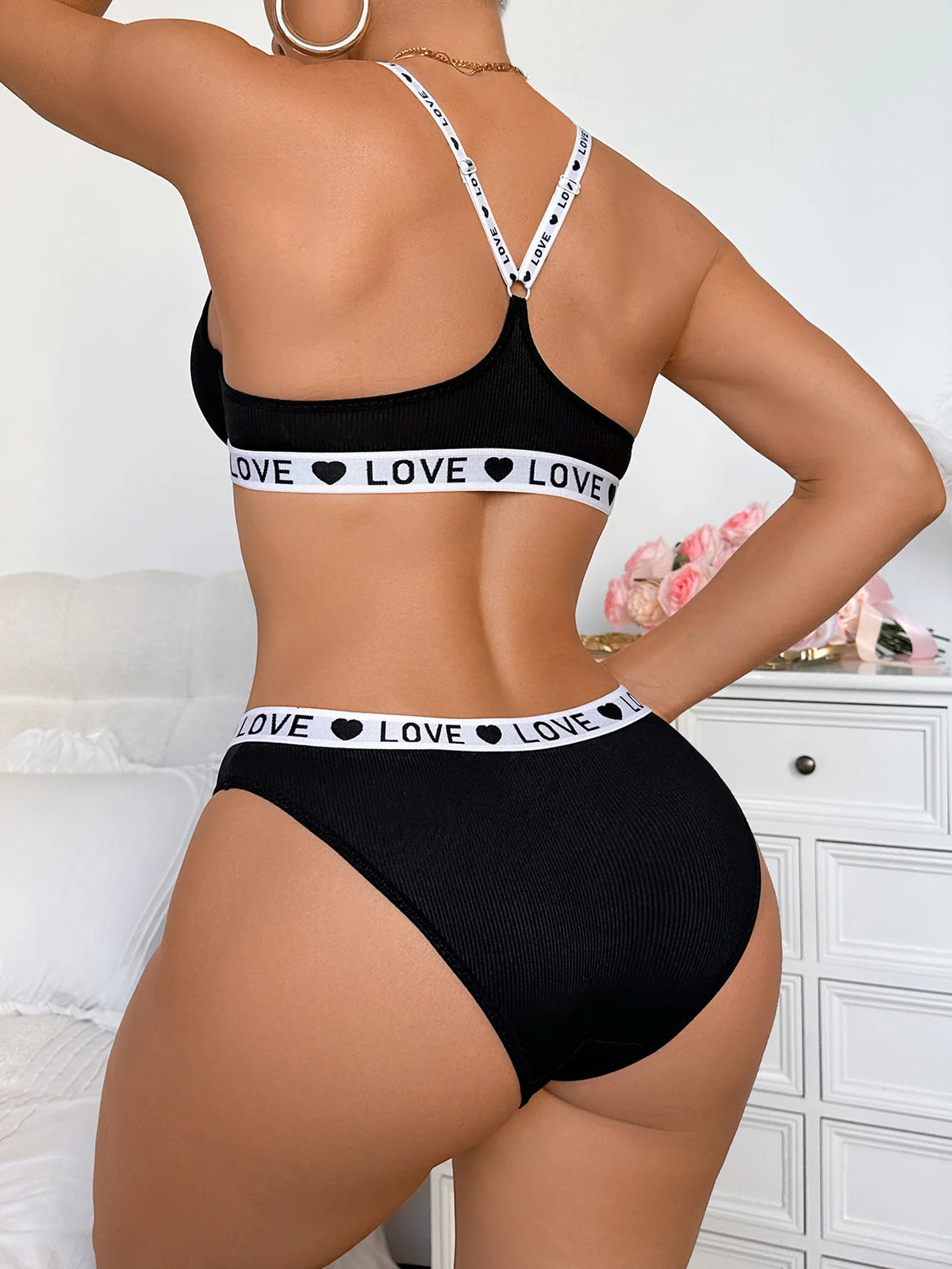 Letter Strap Women's Underwear Set with Push Up and Rib Knit Underwire Women Bra Panties Letter Comfort Lingerie Set