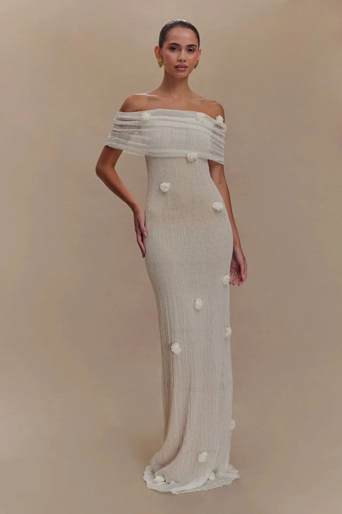 Elegant 3d Flower Off Shoulder Maxi Dress Sleeveless Perspective Pleated Slim Solid Color Robes 2026 Fashion Evening Party Gowns