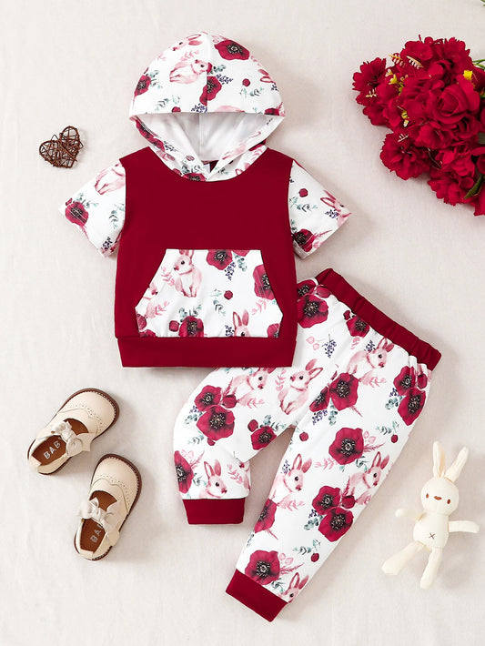 Summer Baby girl Casual Set Hoodie Color Blocked Flower Short sleeved