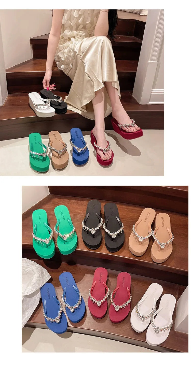 2025 Summer New High-heeled Flip Flops Women's Rhinestone Chain Pendant Thick Bottom Fashionable Clip on Sandals Beach Slippers