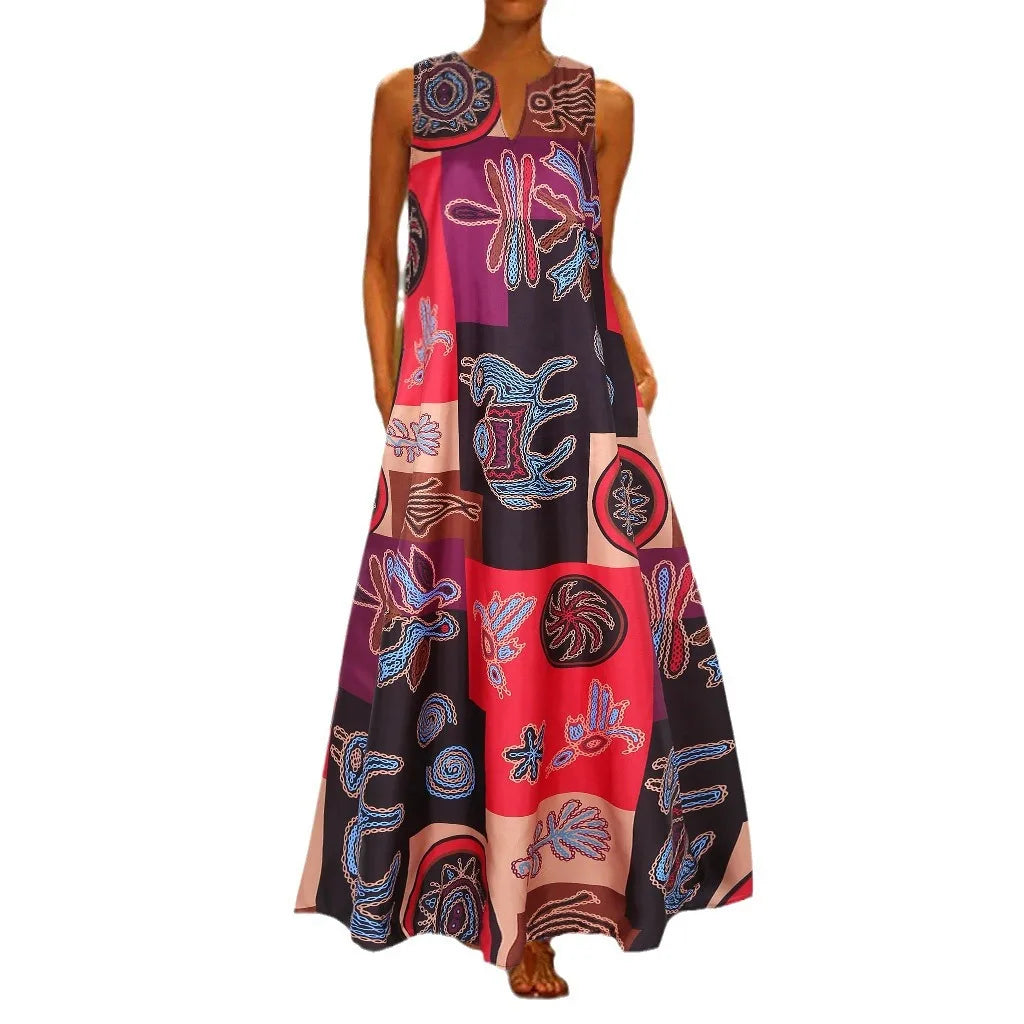 Summer Retro V-Neck Sleeveless Maxi Dress – Loose Artistic Print