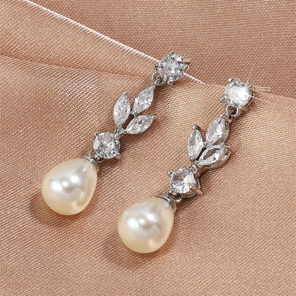 ZAKOL Classic AAA Zircon Pear Shape Imitation Pearl Drop Earrings for Women Fashion Bridal Engagement Wedding Jewelry