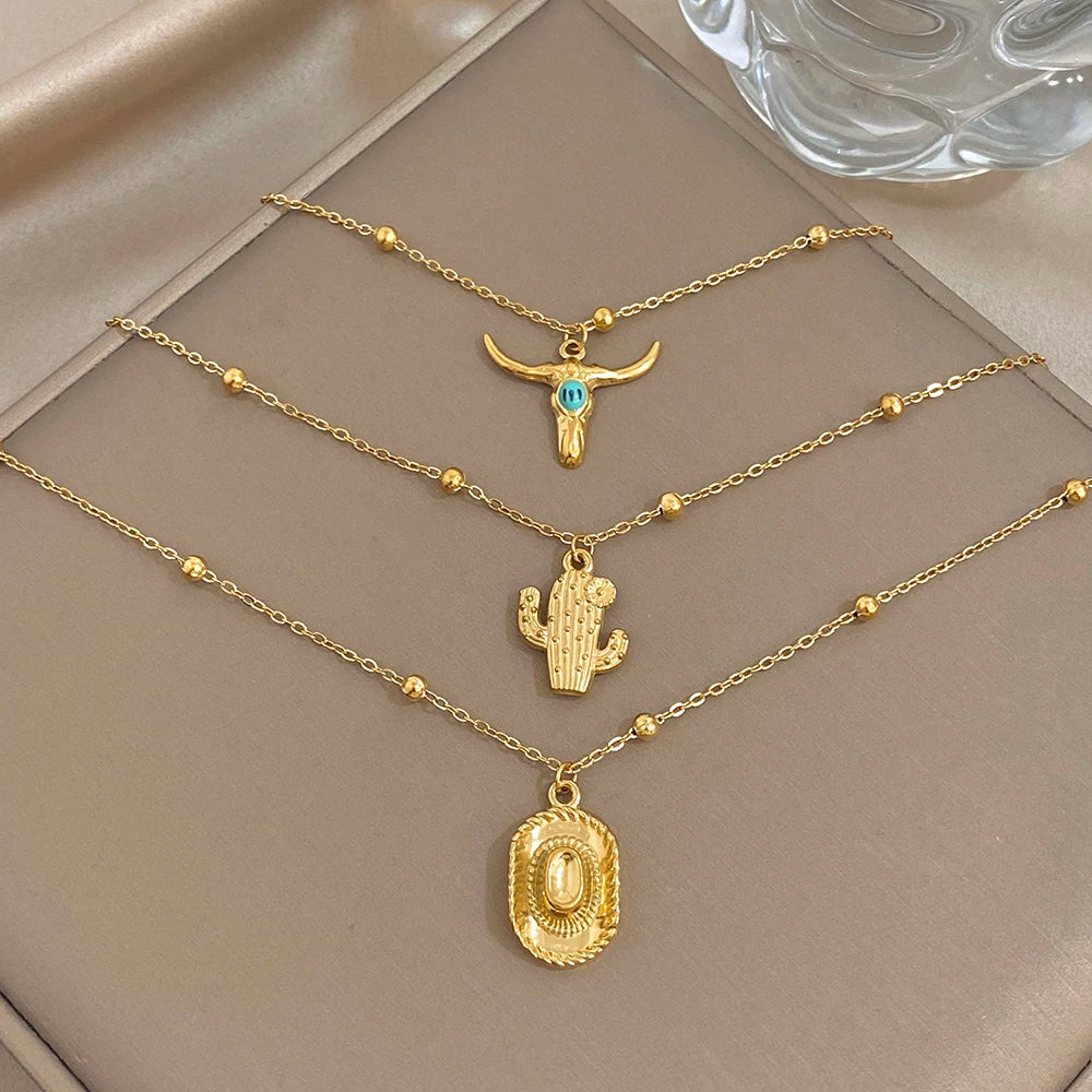 2026 New Style Stainless Steel Cattle Head Cactus Cowboy Hat Pendant Statement Gold Color Multi layer Chain Fashion Jewelry