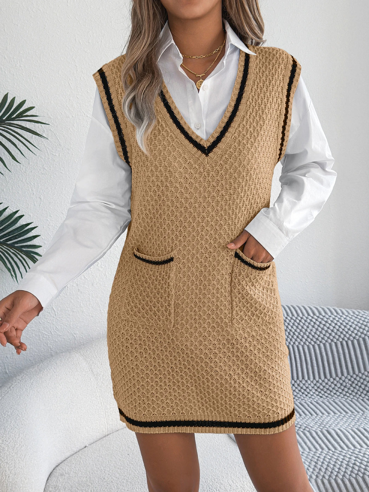 Elegant V Neck Sleeveless Striped Knit Sweater Dress with Pocket for Autumn Winter 2026 Fashion Preppy Style Vest Mini Dresses