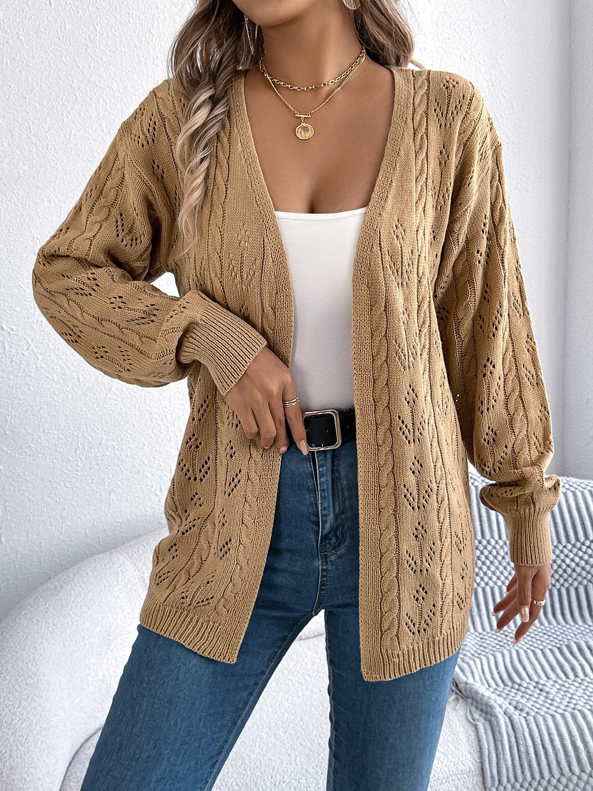 Women's Solid Color Hollow Out Knitted Cardigan Sweaters 2026 Autumn Winter Casual Lantern Long Sleeve Coats White Black Khaki