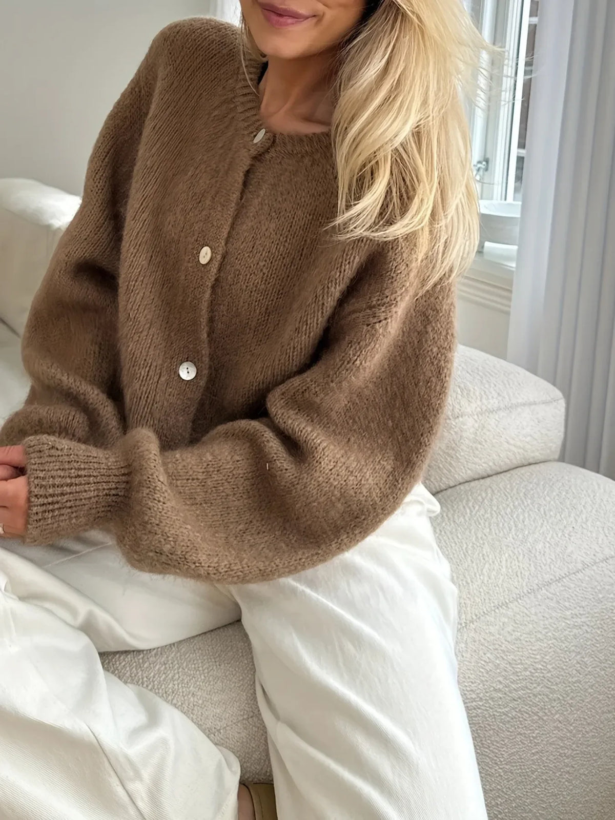 Women Mohair Knit Cardigan O Neck Elegant Lantern Long Sleeve Oversized Loose Fluffy Sweater Coat Autumn Winter Casual Knitwear