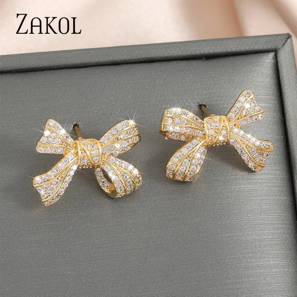 ZAKOL New Brilliant Micropaved Zirconia Bowknot Earrings Delicate Sliver Color Ear Accessories Gift for Women