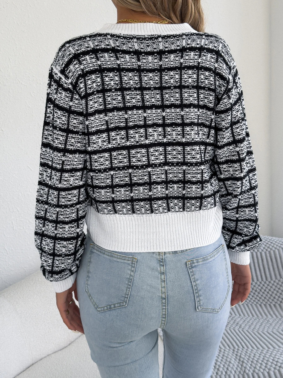 2026 Elegant Contrast Color Plaid Knitted Cardigan Sweater Single Breasted Lantern Long Sleeve Coats Women Autumn Winter Casual