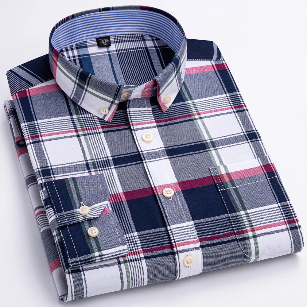 Men's 100% Cotton Contrast Plaid Long Sleeve Oxford Button-Down Shirt with Pocket, Breathable Comfort Regular Fit Casual Wear