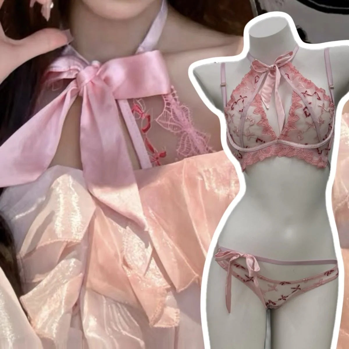 Women's Embroidered Ribbon Bow Bralette & Panty Set, Butterfly Mambo Pure Desire Wireless Comfort Bra for Daily Wear MOYISU Sexy