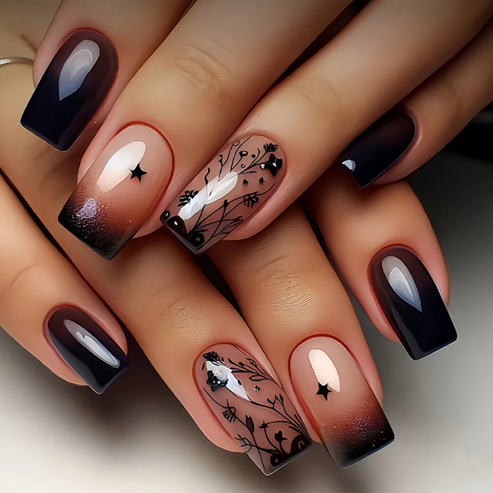 Medium fake nails for women girls gradient nude black flowers strips design Almond square shape full cover press on false nail
