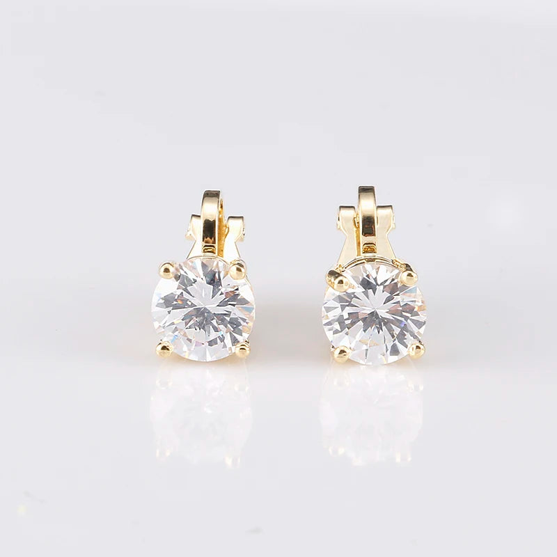 Trendy Round Cubic Zirconia Copper Clip Earrings For Women Gold Color Crystal Metal Earring Party Wedding Daily Jewelry