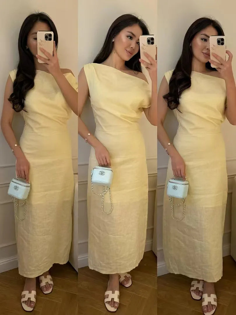 Elegant Solid One Shoulder Dresses Lady Skew Collar Waist-cinching Sleeveless Long Dress 2026 Women New Party Club Gowns