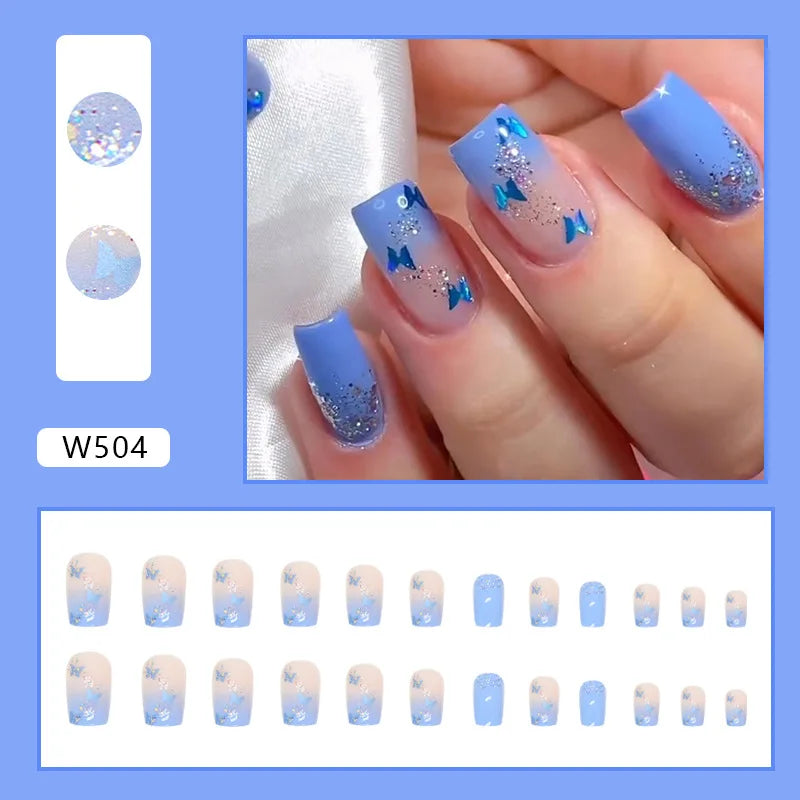 24pcs Square Stick-on Nails Set Goldfish Nail Tips Cheap Nail Seal Summer Beautiful false Nails Wholesale Holiday Press on Nails