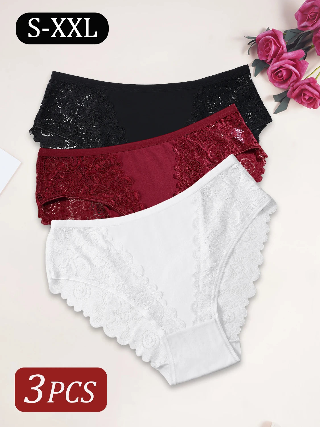 3PCS Elegant Women's Panties Sexy Lace Floral Cotton Patchwork Underwear Comfortable Breathable Solid Color Briefs Lingerie