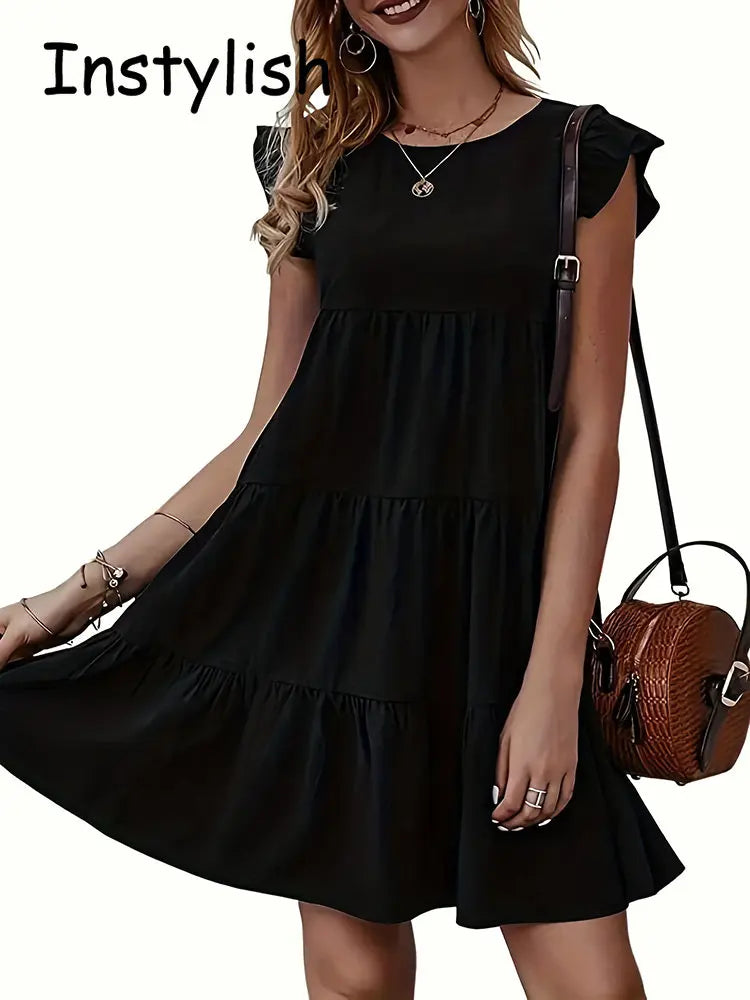 Women Elegant Ruffle Mini Dress Casual Solid O Neck Beach Party Sundress Simple Chic Loose Short Dress Vintage Harajuku Vestido