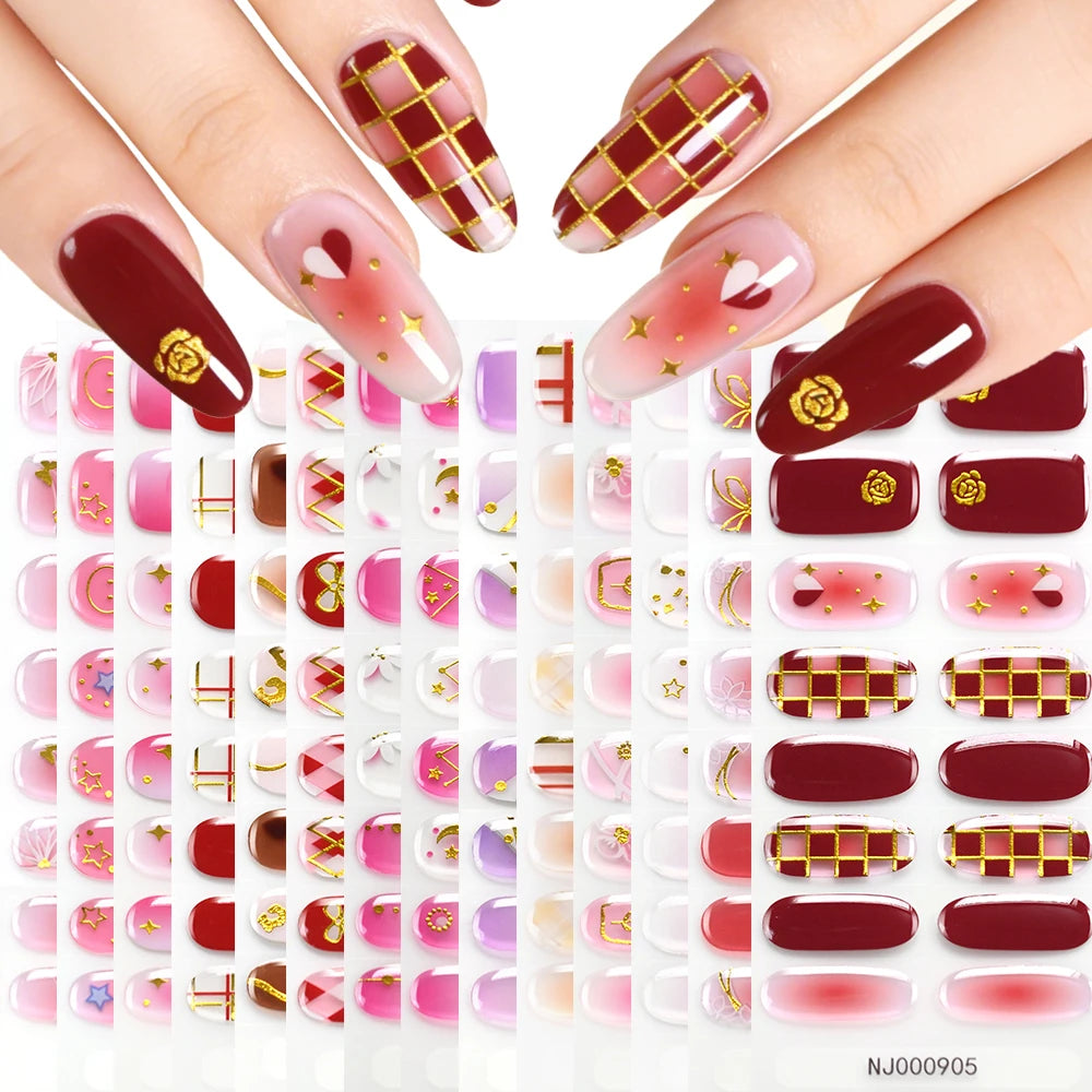 16Tips Gradient Semi Cured Gel Nail Strips Blush Flower Design Full Wrap Nail Decals French Gold Lines Gel Nail Polish Sticker