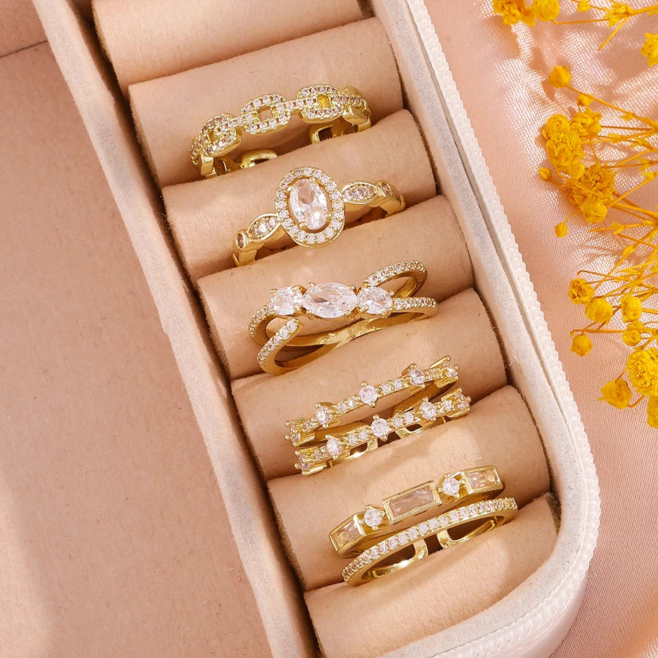 ZAKOL 5 Styles Golden Gorgeous Zircon Open Rings for Women Shining Geometric Crystal CZ Engagement Proposal Ring Gift