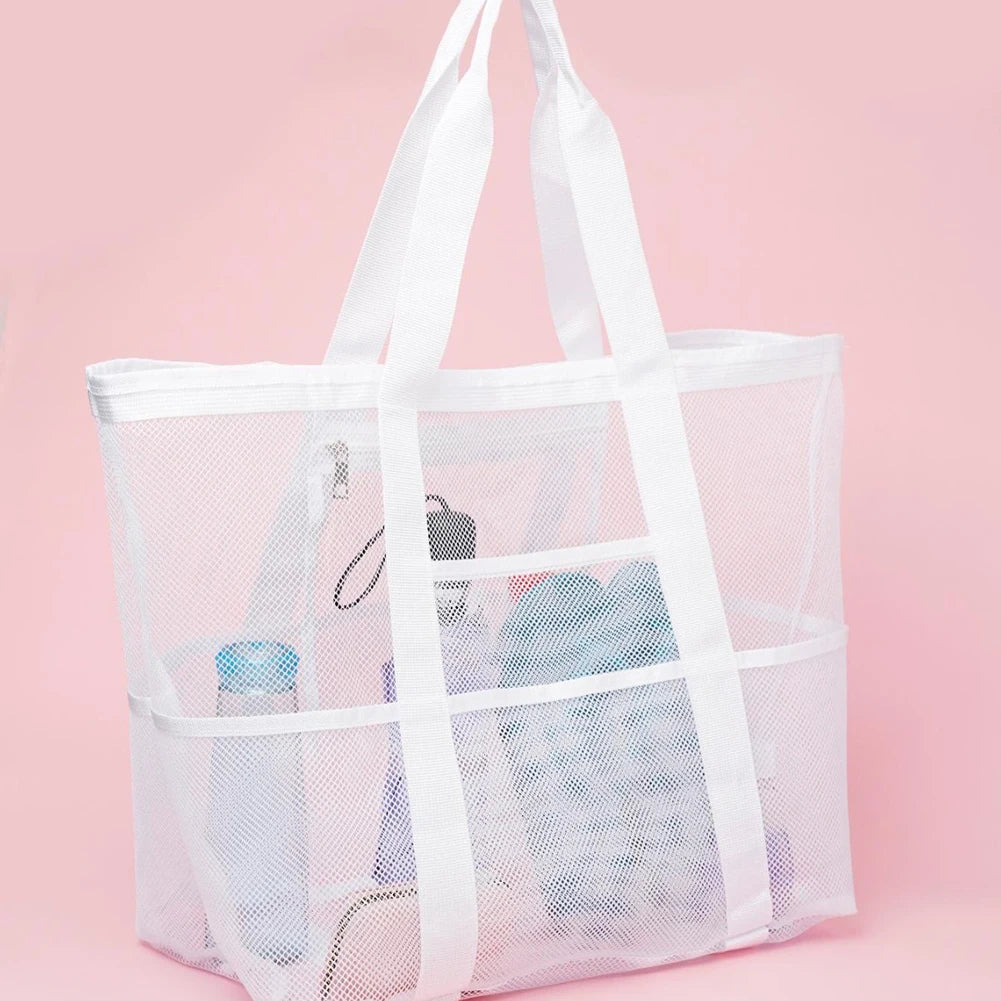 Mesh Beach Bags Beach Tote Bag With Multi Pockets Large Capacity Travel Tote Handbag Swim Pool Bag Multifunctional Storage Bag