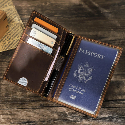Genuine Leather Men Passport Wallets Card Holder Passport Cover Pen Slot Passport Case Name Engrave Male Travel Wallet Men‘s Bag