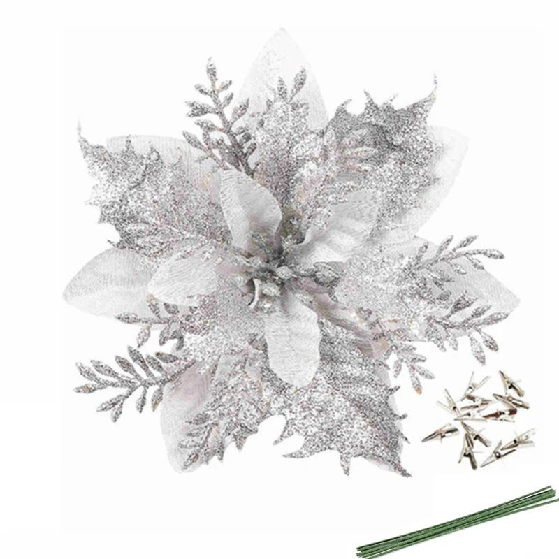 10Pcs Glitter Christmas Poinsettia Flowers,14cm/5.51in Artificial Red Gold Poinsettia Ornaments with Clips & Iron Wire,Xmas Tree