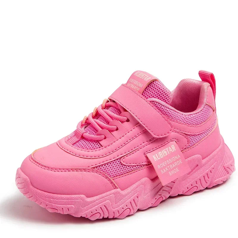 Spring New Kids Sneakers 2025 PU Girls Casual Mesh Solid Pink Light Boys White Hook & Loop Children Non-slip Sports Shoes