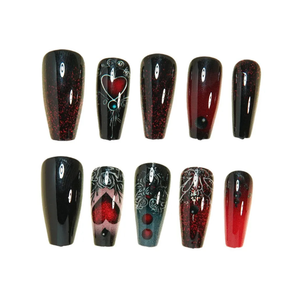 Medium long fake nails dark red black rose flowers heart design for Valentine's Day reusable ABS press on Artificial nails art