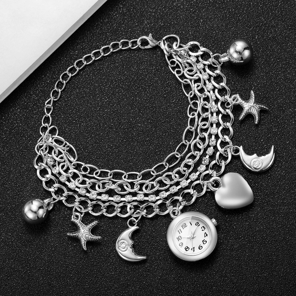 Luxury Women Silver Quartz Watch Moon Heart Charm Rhinestone Multi‑Layer Bracelets Ladies Watches Relogio Feminino（Without Box）