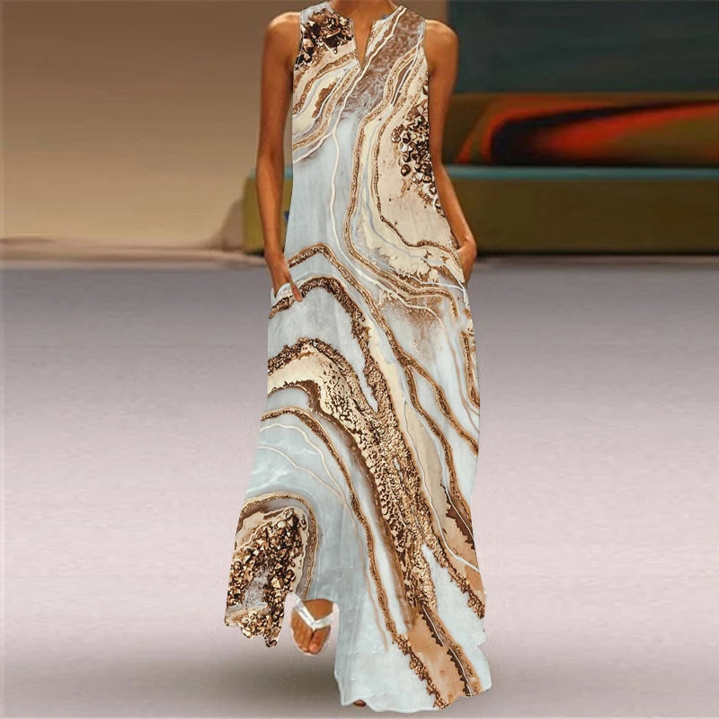Sleeveless V-Neck Printed Maxi Dress 2026