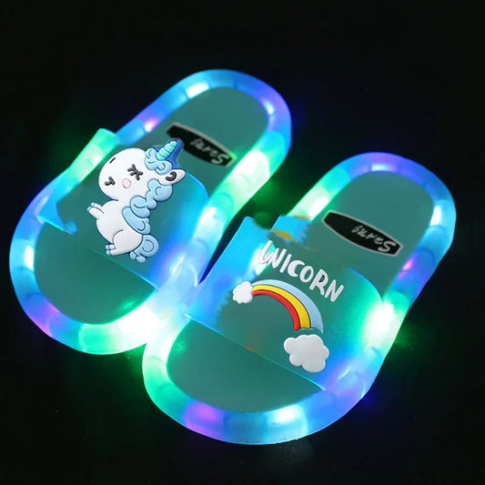 Kids Cartoon Unicorn Light-Up Slippers – Cute Animal Print Bathroom Shoes | شباشب أطفال برسومات يونيكورن وحيوانات – تضيء عند المشي، تصميم لطيف للحمام